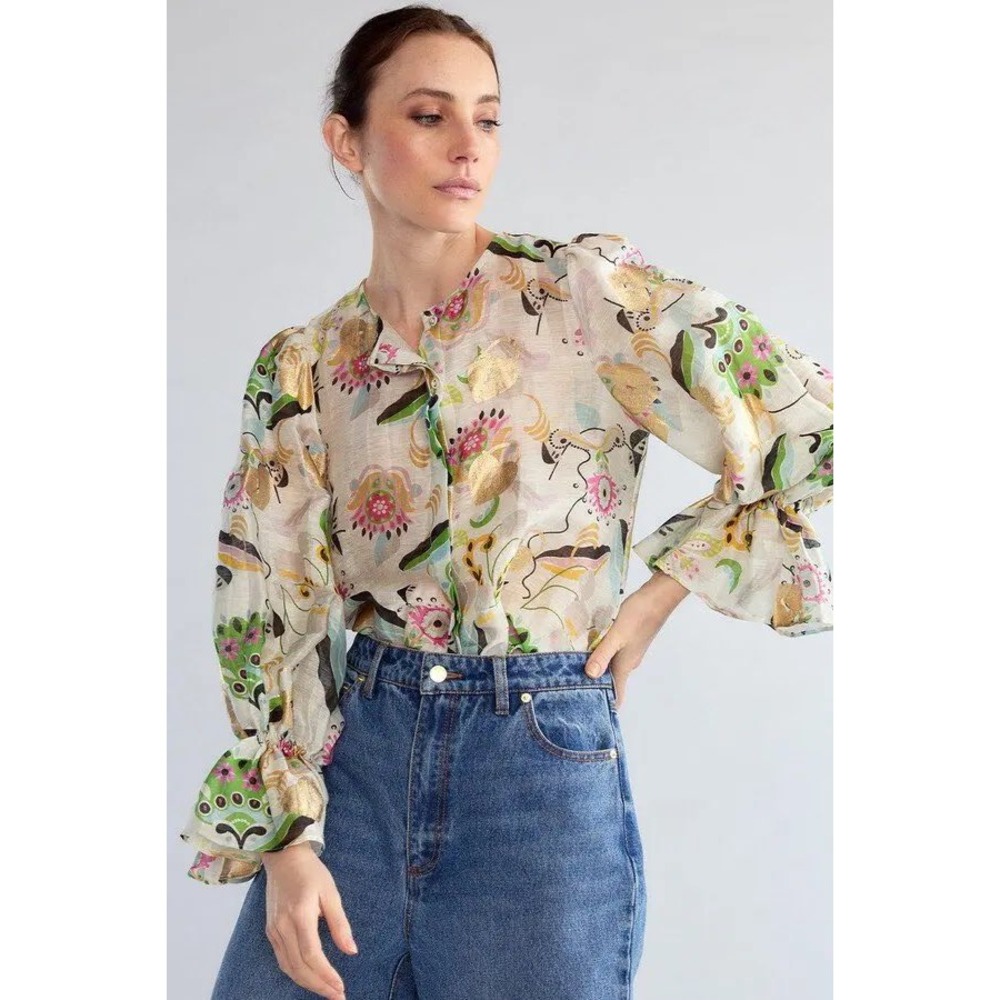 Cynthia Rowley Love Locket Linen Silk Puff Sleeve Blouse Gold Foil Ivory Small